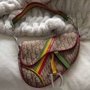 Dior Brown Monogram Saddle Bag with Pink, Green & Yellow Trim